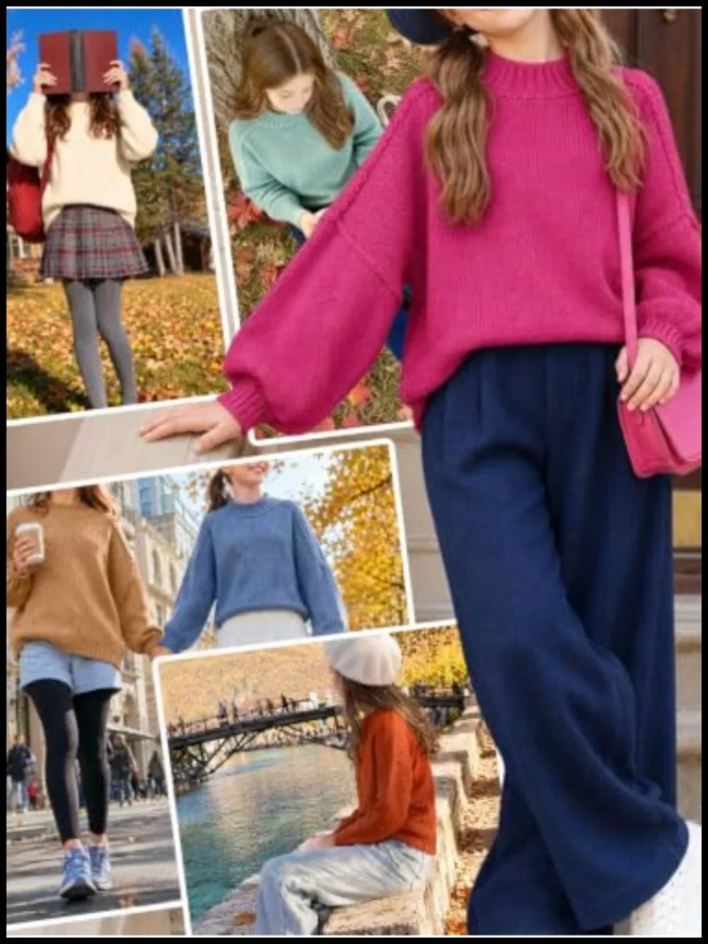 Girls Mock Neck Sweater Batwing Sleeve Loose Fit Knit Pullover